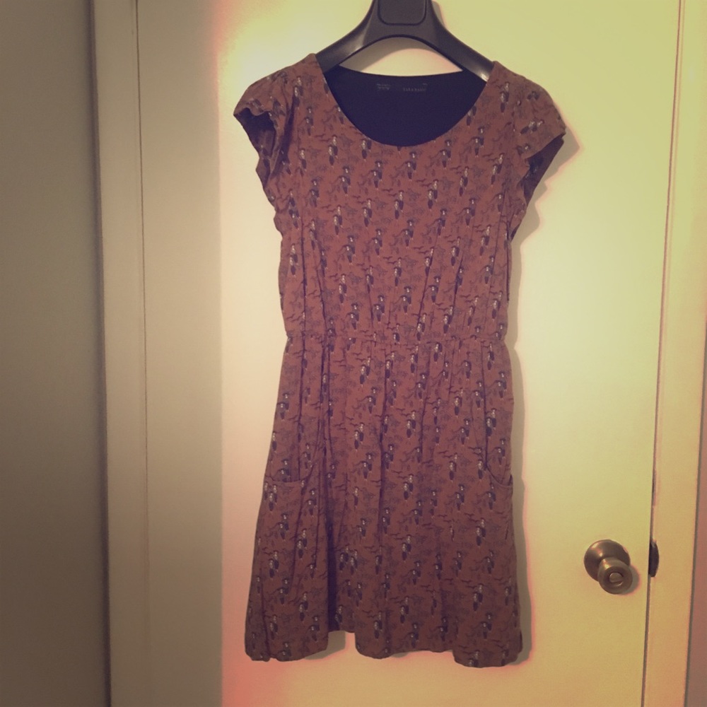 Zara mini dress with pockets & dog walking print
